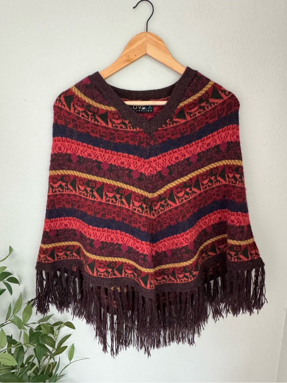 Novica Inca Gala Alpaca Wool Blend Poncho Peru Fringe Boho Western Burgundy OS